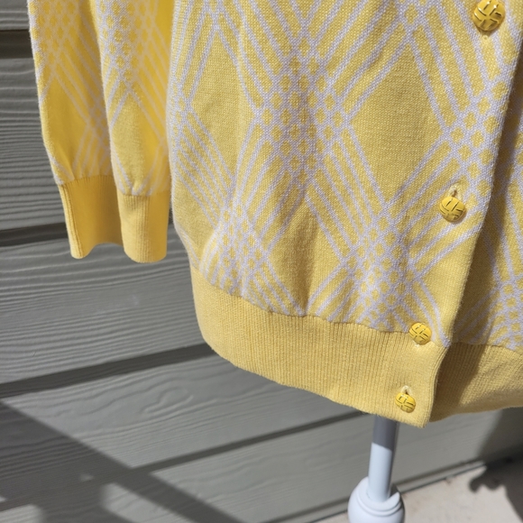Talbots Petite Yellow-White Argyle Cardigan Sweater 3/4 Sleeve Size Lp - Picture 4 of 8